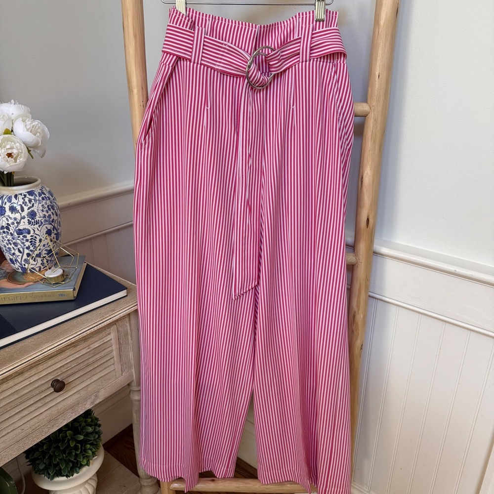New York & Company Pink White Striped Wide Leg‎ Belted Trousers Pants 8